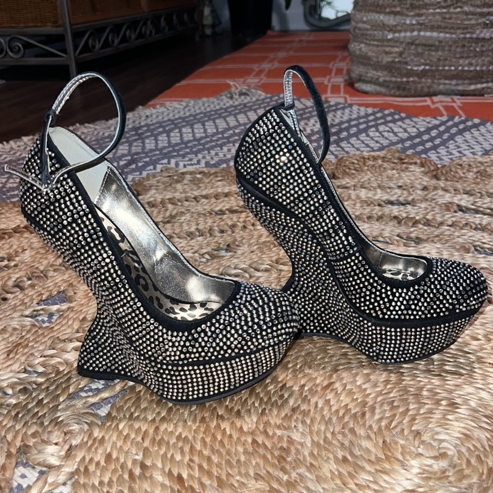 Doll House Ankle Strap Mary Jane Curved Platform Wedge black velvet rhinestones